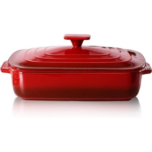 Large Ceramic Casserole Dish with Lid, 4.0 Quart Covered Rectangular 9x13" , Red - Picture 1 of 5